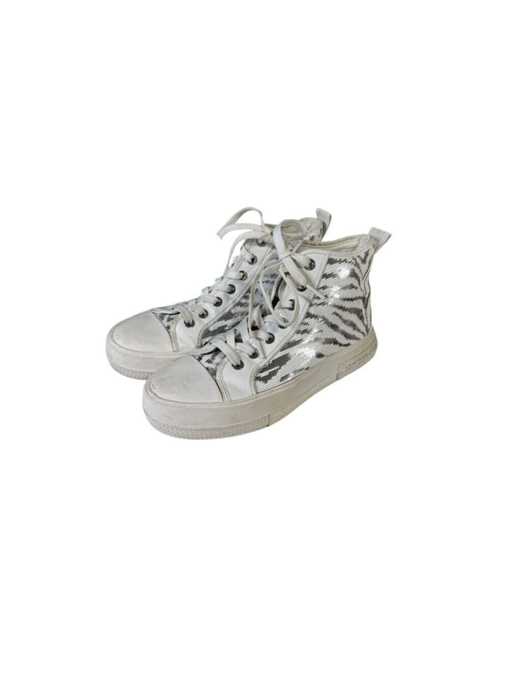 Women's Michael Kors White Silver Sequin Zebra High Top Sneakers Size 8